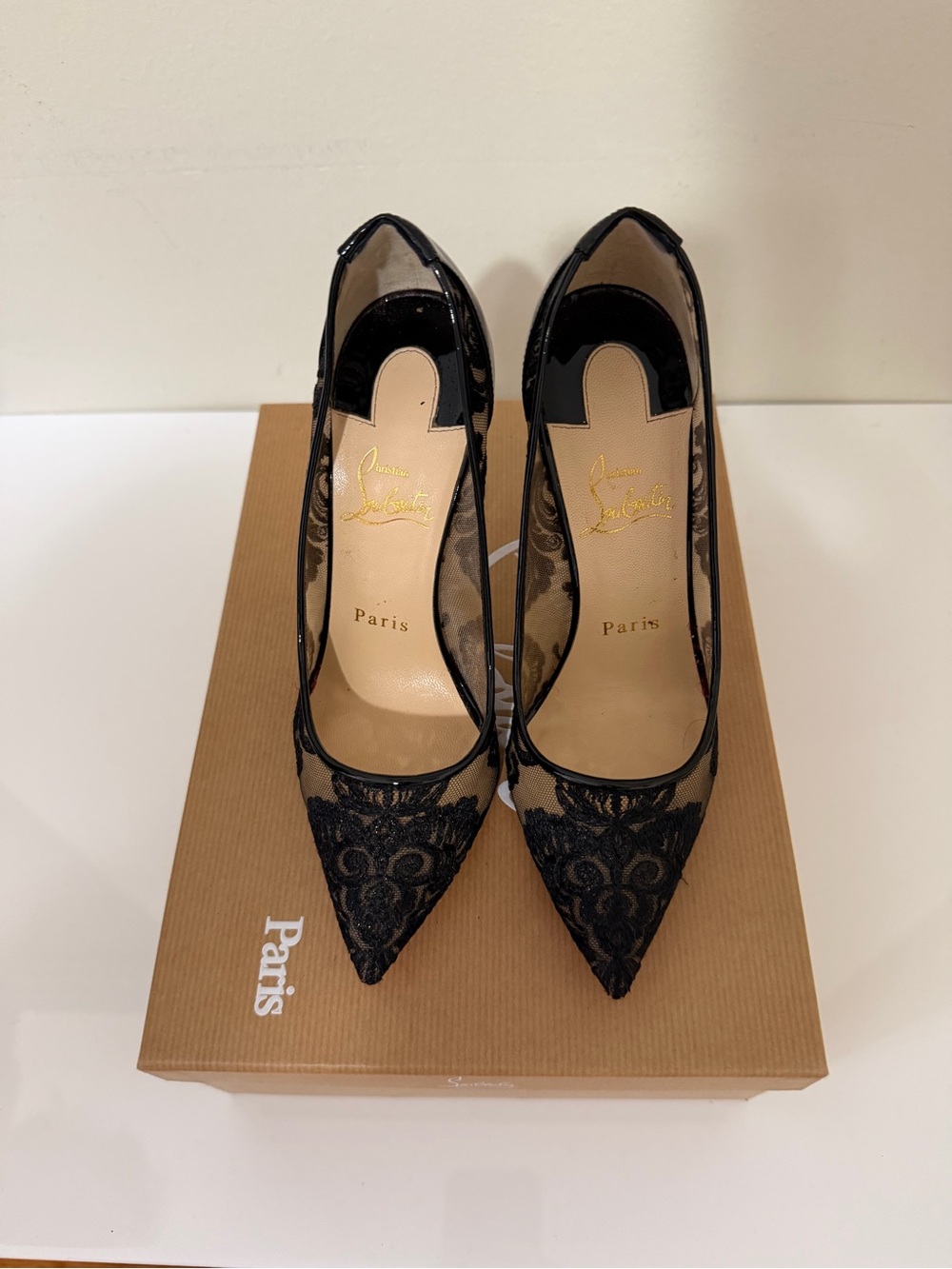 Christian Louboutin Black Lace & Patent Pointed-Toe Stilettos - Picture 2 of 8